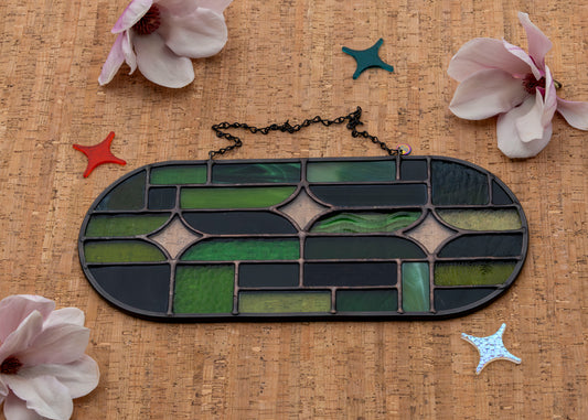 COSMIC OVAL "GREEN" • Stained Glass Art • Window Hanging