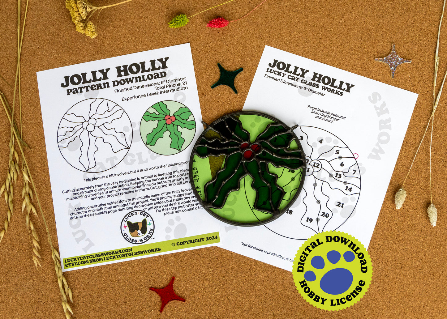 Jolly Holly • Stained Glass Pattern • Digital Download • HOBBY LICENSE