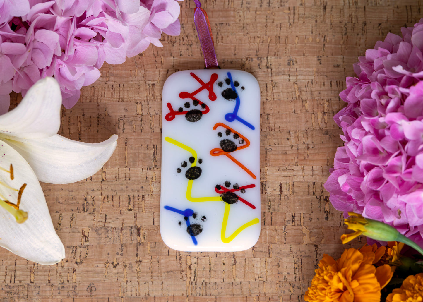 SMALL WALKING PAWS "RAINBOW TWIST" • Fused Glass Art