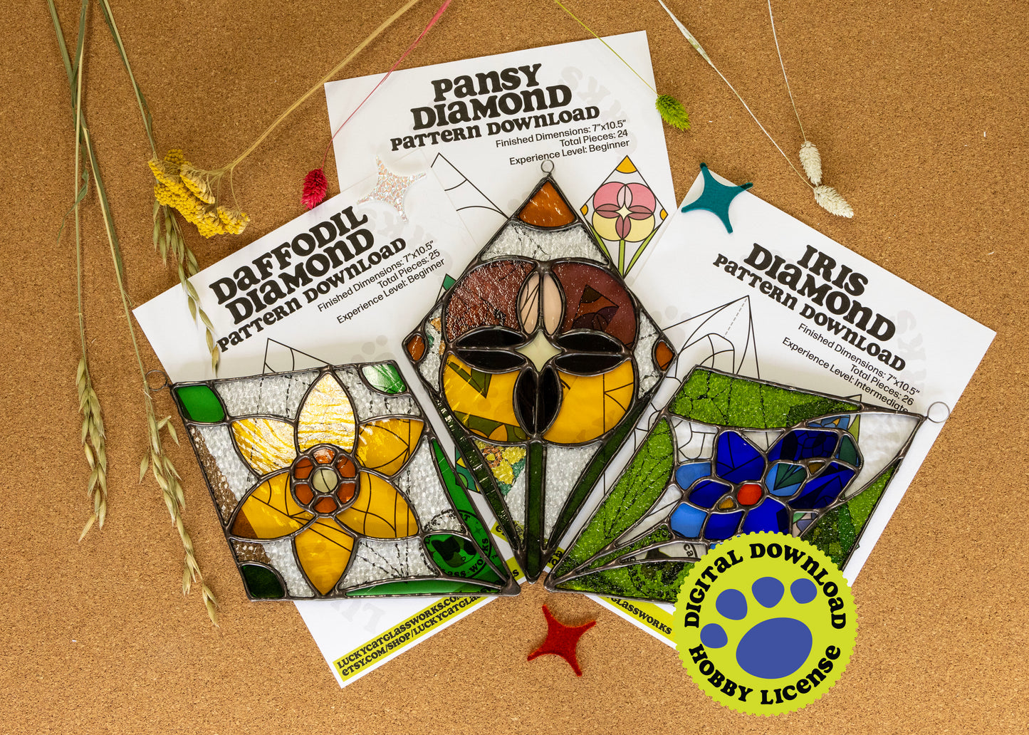 Three Spring Flowers • Pattern Bundle (3 Projects) • Stained Glass Patterns • Digital Download • HOBBY LICENSE
