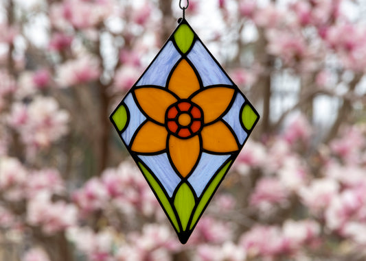 DAFFODIL DIAMOND "GREEN" • Stained Glass Art • Suncatcher