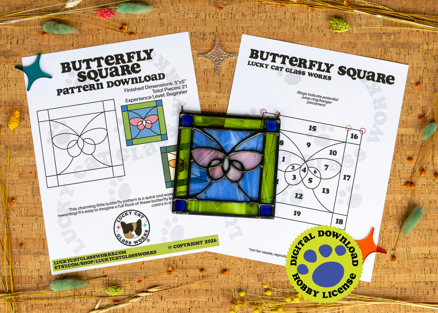 Butterfly Square • Stained Glass Pattern • Digital Download • HOBBY LICENSE