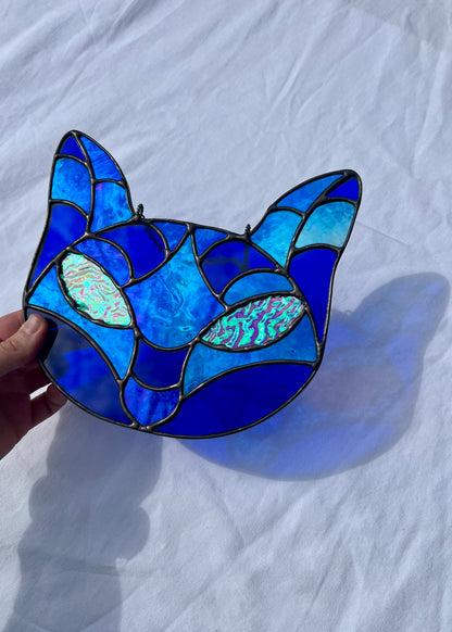CRYSTAL CAT "BLUE IRID + DICHRO" • Stained Glass Art • Window Hanging
