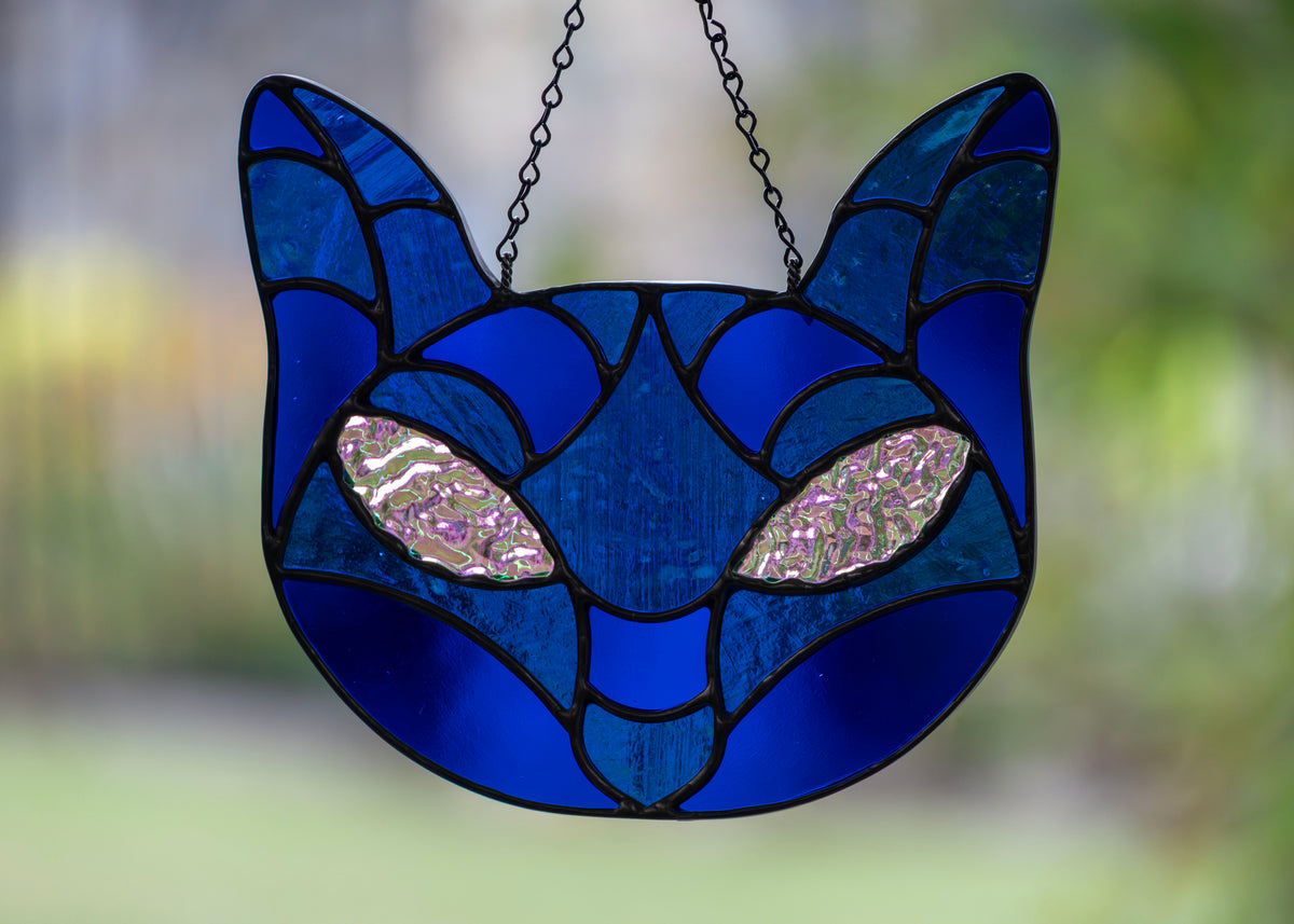 CRYSTAL CAT "BLUE IRID + DICHRO" • Stained Glass Art • Window Hanging