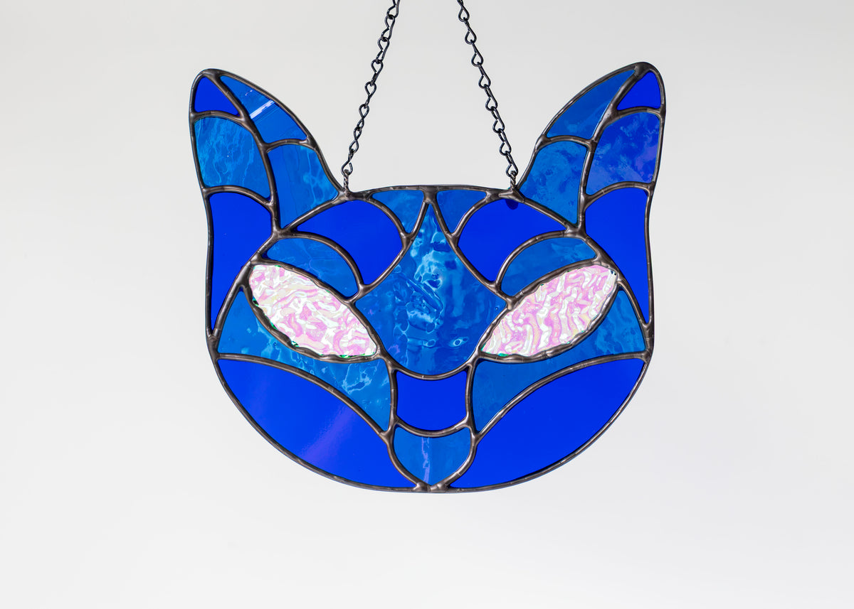 CRYSTAL CAT "BLUE IRID + DICHRO" • Stained Glass Art • Window Hanging