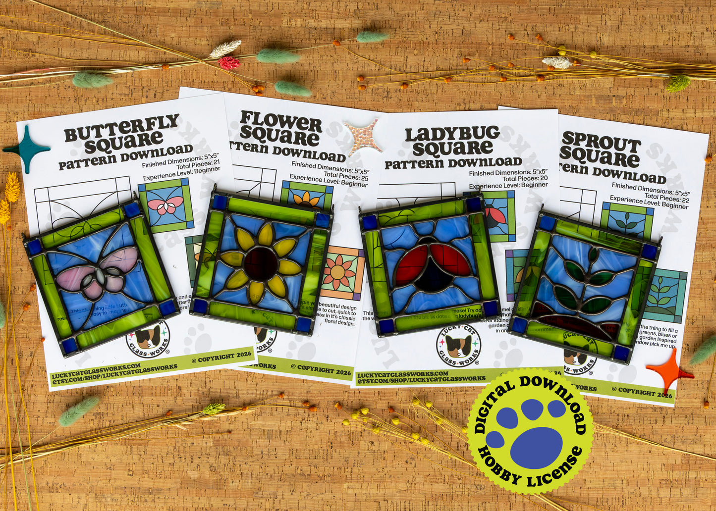 Garden Squares • Pattern Bundle (3 Projects + 1 Free) • Stained Glass Patterns • Digital Download • HOBBY LICENSE