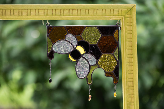 HONEYBEE CORNER "DRIP" • Stained Glass Art • Corner Suncatcher