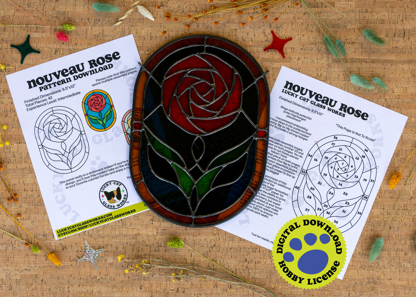 Nouveau Rose • Stained Glass Pattern • Digital Download • HOBBY LICENSE