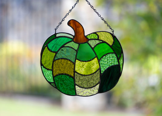 SPOOKY PUMPKIN "GREEN" • Stained Glass Art • Window Hanging