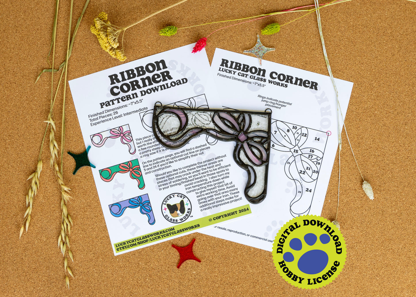 Ribbon Corner • Stained Glass Pattern • Digital Download • HOBBY LICENSE