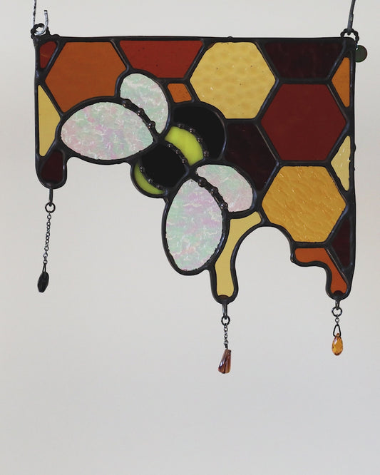 HONEYBEE CORNER "DRIP" • Stained Glass Art • Corner Suncatcher